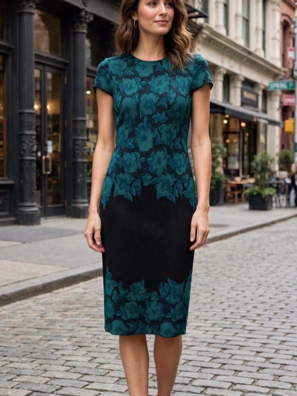 St. John  Women's Dress  Floral Knit Dress Green/Black  Size : 2  Made in USA